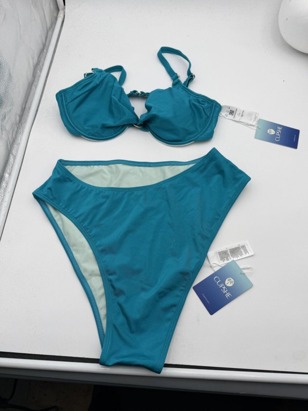 Cupshe Teal Blue High Waist Underwire Bikini Set NWT Top 34C Bottom L